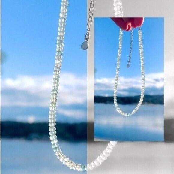 Ombre Aquamarine Beaded Necklace Genuine Gemstone Waterproof Gold Adjustable - Picture 12 of 12